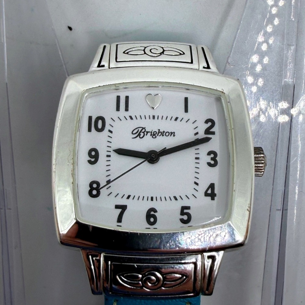 Brighton Orchard Watch Womens Silver Tone Square White Dial Turquoise Blue Strap